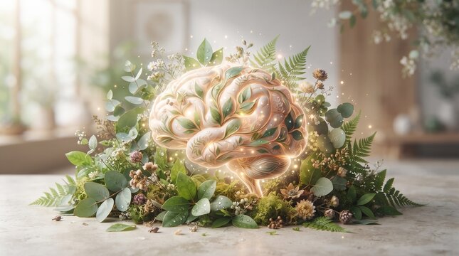 Stylized human brain conceptualized with plants and flowers
