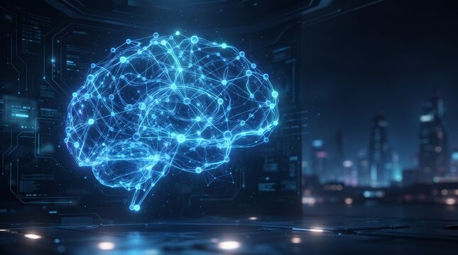 Holographic blue brain interface in a futuristic setting
