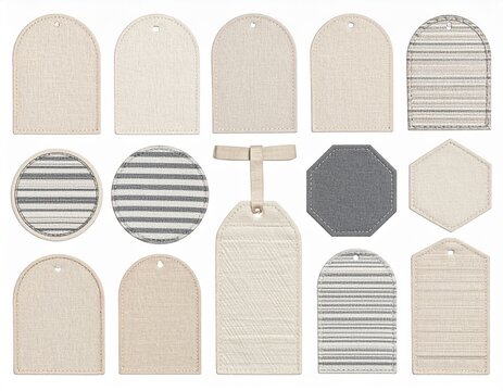 Collection of blank beige and gray fabric tags and labels in various shapes including arch, circle, octagon and hexagon arranged in flat lay mockup on white background with striped textures for brandi