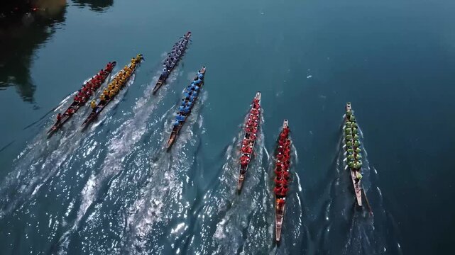 Top‑down aerial drone view of traditional Chinese dragon boat race on river, Dragon Boat Festival cultural event 4K