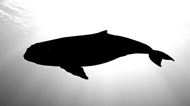 Silhouette of a humpback whale swimming in deep ocean water.