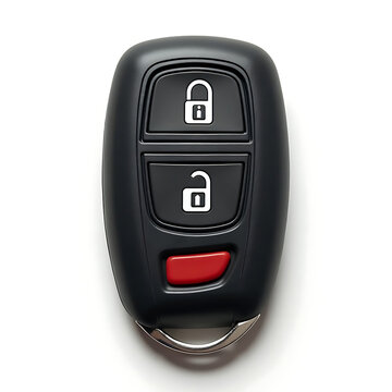 Black car key fob with lock unlock and panic buttons and metal loop for remote vehicle access and security.