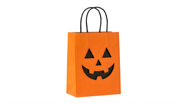 Festive orange halloween trick or treat bag with jack o lantern face isolated on transparent background