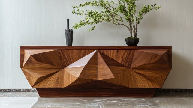 Modern wooden sideboard in contemporary home interior with potted plant
