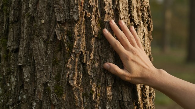 Close-Up of Hand Touching Textured Bark of a Tree in Nature