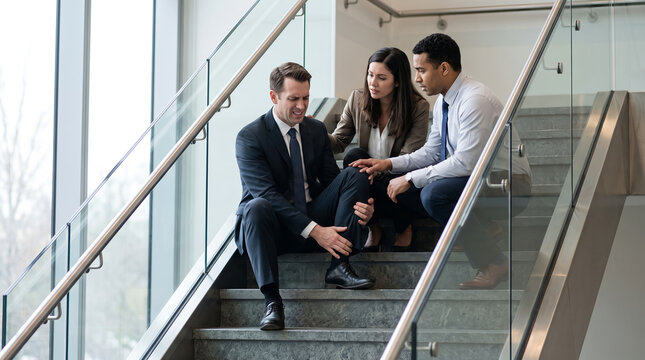 Male businessman in formal suit, with injured leg and pained expression, sitting on indoor office stairs assisted by colleagues, in modern corporate building hallway, workplace accident photography