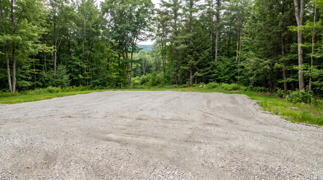 Empty gravel lot land, with cleared ground and tire tracks, extending towards green forest trees, under overcast sky in rural area, real estate land photography