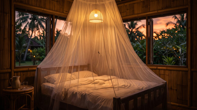 Tropical bamboo bedroom interior, with white mosquito net draped over bed and glowing lantern, illuminated during sunset, in a jungle resort bungalow, interior photography