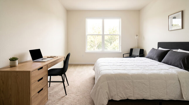 Modern minimalist bedroom interior, with white comforter on double bed and wooden desk, arranged cleanly with open laptop computer, inside bright apartment room with window