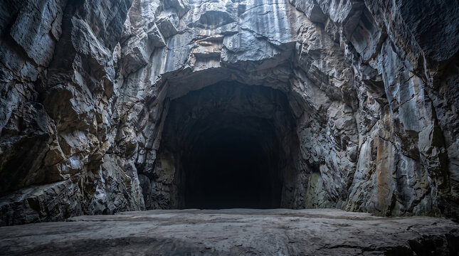 Rocky stone cave entrance, with dark hollow opening and textured cliff walls, standing empty, in a natural mountain cavern, landscape photography