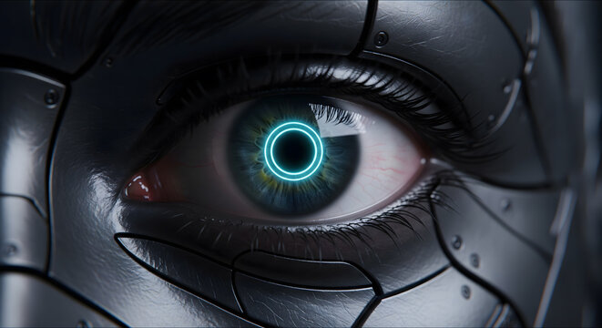 Close-up of a cybernetic face focusing on a glowing mechanical eye with intricate metallic details.
