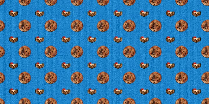 Vibrant blue repeating pattern with delicious cookies and cake slices. Stylish  graphic for modern fabric textiles and creative branding