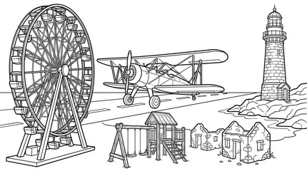 Fototapeta premium Outline illustration of a Ferris wheel, biplane, lighthouse, playground, and ruins on a landscape