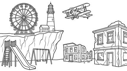 Fototapeta premium Outline illustration of a Ferris wheel, lighthouse, biplane, playground, and damaged buildings on a white background.