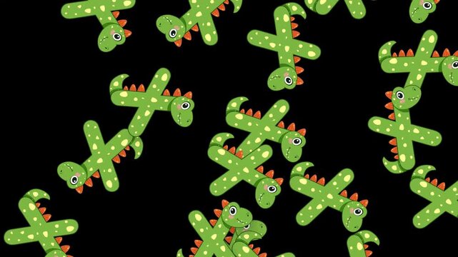Animated Green Cartoon Dinosaurs Falling Against a Solid Black Background