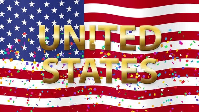 Waving United States Flag with Golden Text and Falling Confetti