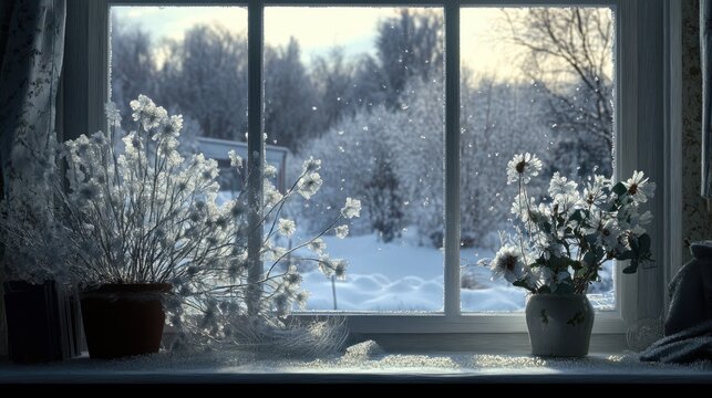 Snowy winter scene from windowsill with frosted plants
