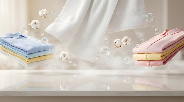 Fresh floating laundry with cotton bolls and bubbles over white surface