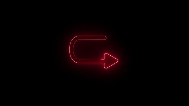 A vivid red neon U-turn arrow symbol emits a bright glow against a deep black backdrop, symbolizing a clear indication of reversal, return, or a change in direction.