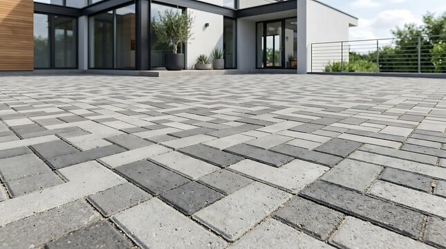 Modern house with a large, geometrically patterned grey paved driveway leading to the entrance.