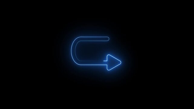 A glowing electric blue neon arrow forming aU-turn or a return symbol is centered on a solid black background, representing a directional or functional.