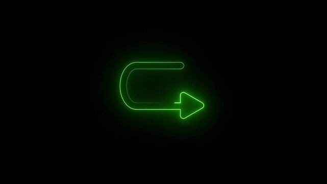 A vibrant green neon U-turn arrow symbol glows brightly against a stark black background creating a striking visual representation of direction change and navigation.