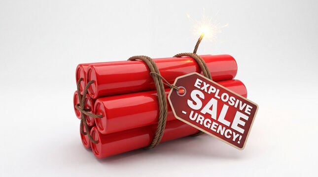 Red dynamite bundle with explosive sale tag on white background
