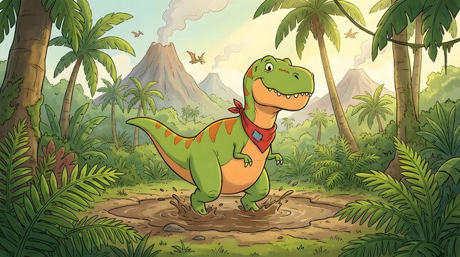 Cartoon Tyrannosaurus Rex in tropical prehistoric jungle.