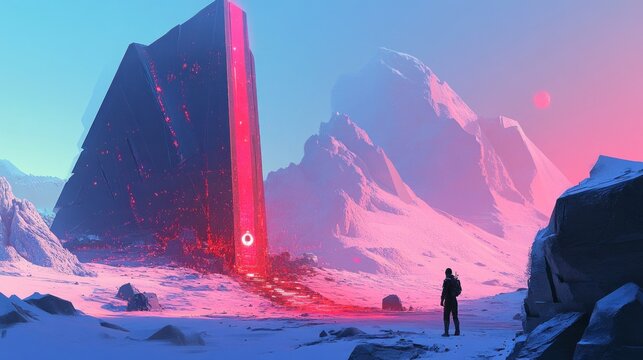 Solitary figure confronts futuristic obsidian structure in snowy mountain landscape