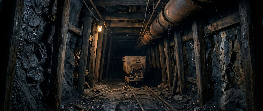 Metal cart stands lonely on rusted tracks inside a deep and shadowy industrial coal mine.