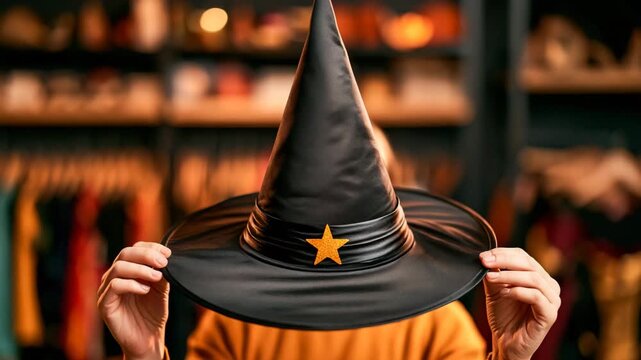 Hands holding witch hat in costume store
