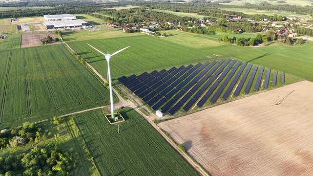 Clean electricity industry with solar panels and wind power turbines