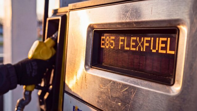 E85 flexfuel pump display at gas station showing alternative fuel option for eco friendly vehicle refueling and renewable energy transportation