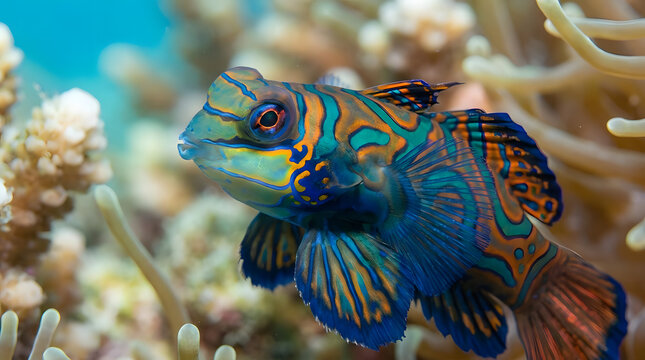 Colorful mandarinfish swimming near coral reef habitat.