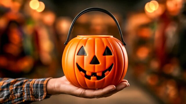 Hand holding plastic jack-o-lantern bucket