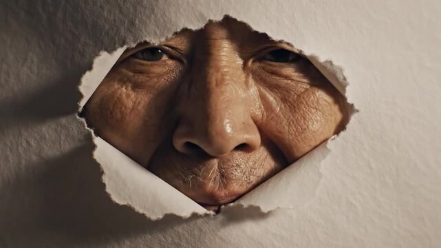 Intimate close-up of an elderly Asian man's face peering through a torn paper surface, looking directly at the camera with a sinister expression