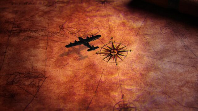 Vintage Animated Airplane Flying Over Antique World Map with Compass