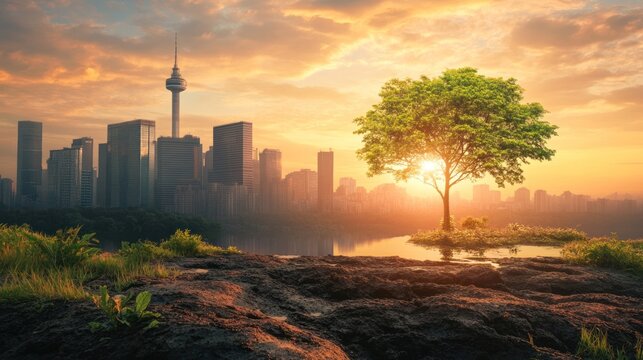 Sunrise over city skyline, single tree on rocky outcrop,  peaceful urban scene