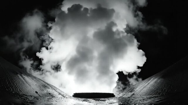 Low Angle View of Steam Erupting from Metallic Structure, Heavy Industrial Background, Black and White Aesthetic