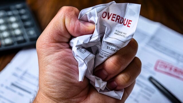 Hand crumpling overdue bill notice showing frustration with unpaid debt, financial stress and personal money management struggle
