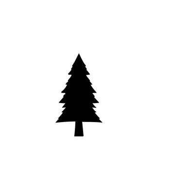 Black pine tree silhouette. Minimalist evergreen conifer icon isolated on white background.