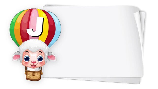 Animated Cartoon Sheep in Hot Air Balloon with Blank White Paper