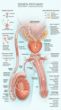 Detailed medical infographic showing the male reproductive system anatomy with arrows indicating the pathway of semen during ejaculation and transport