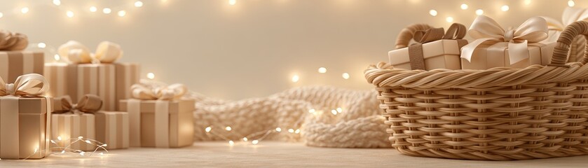 Obraz premium Cozy scene with wrapped gifts and a basket filled with presents, set against warm fairy lights and a knitted blanket, celebration background