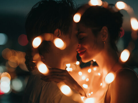 Romantic couple standing under glowing heart-shaped fairy lights on Valentine&acirc;&euro;&trade;s Day 2027, soft golden bokeh, warm sunset lighting, cinematic photography, ultra realistic skin details, shallow depth 