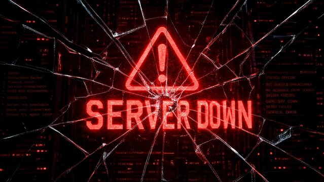 Server down warning alert on cracked digital screen for network outage crisis, IT infrastructure failure and system downtime emergency