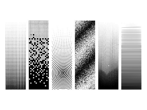 Halftone gradient textures set, monochrome geometric patterns vector, black and white stipple and pixel art backgrounds for graphic design