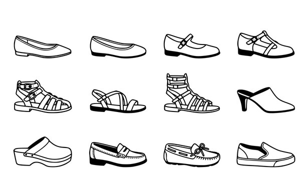 Set of various hand drawn women shoes including sandals flats loafers and heels in black and white style