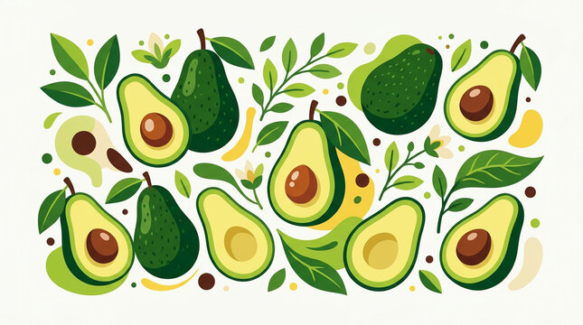 Flat illustration featuring fresh avocados arranged in a clean and stylish composition