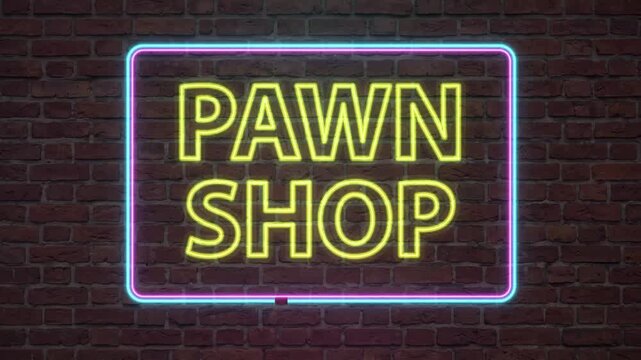Flickering Yellow and Blue Neon Pawn Shop Sign on Brick Wall